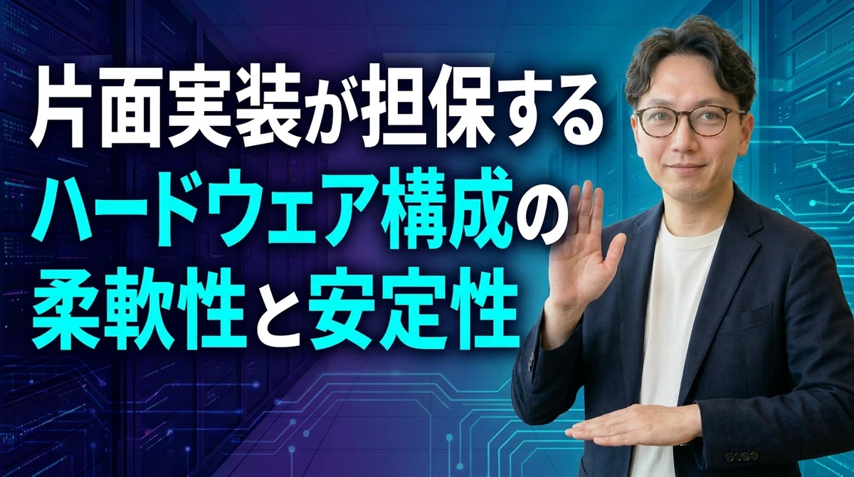 片面実装が担保するハードウェア構成の柔軟性と安定性を説明するエスワン代表OMASA、しなやかな流れるような動きで柔軟性を示すジェスチャーと手のひらを下に向けた安定性を示すポーズでSSDの片面実装設計の技術的メリットを表現する満足げな技術理解の表情