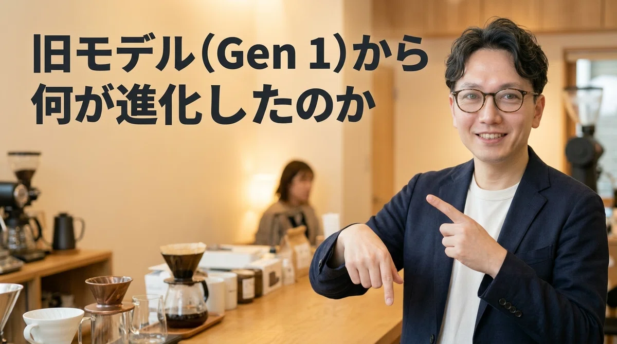 旧モデルGen 1から何が進化したのかを説明するエスワン代表OMASA、下方を指した旧モデルを示すジェスチャーと上向きの進化を示す動きでコーヒーグラインダーの改良点と技術進化を表現する感心した専門家の表情