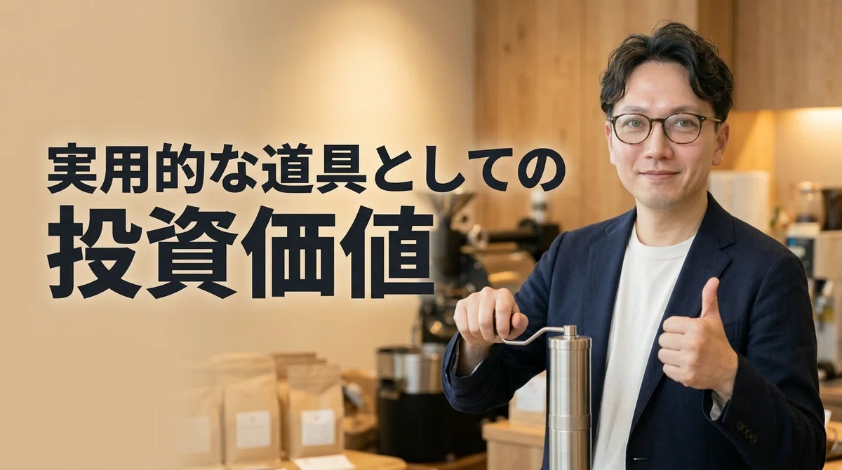 実用的な道具としての投資価値を説明するエスワン代表OMASA、実用的な使用を示すジェスチャーとサムズアップで投資価値を評価するポーズでコーヒーグラインダーの日常使いにおける費用対効果を表現する納得した満足げな表情