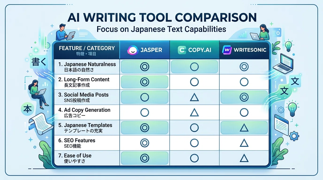 AIマーケティングツール比較｜Jasper・Copy.ai・Writesonicの使い分け