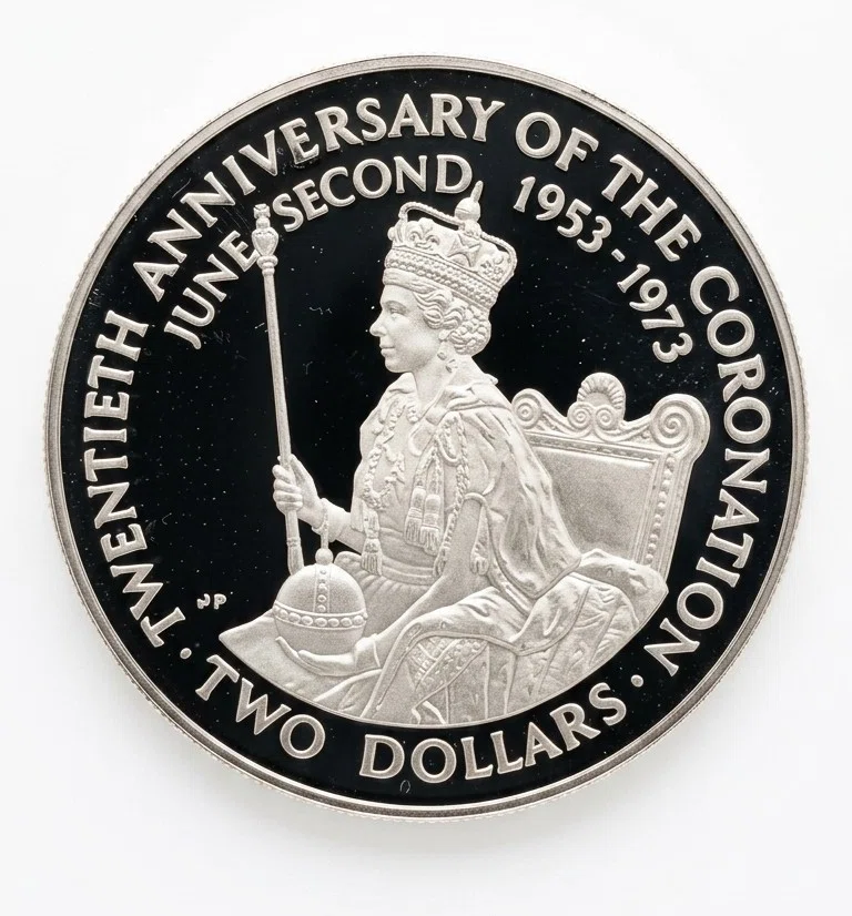 至高の鏡面】1973年クック諸島エリザベス2世戴冠20周年記念2ドル銀貨の 至高の鏡面】1973年クック諸島エリザベス2世戴冠20周年記念2ドル銀貨の