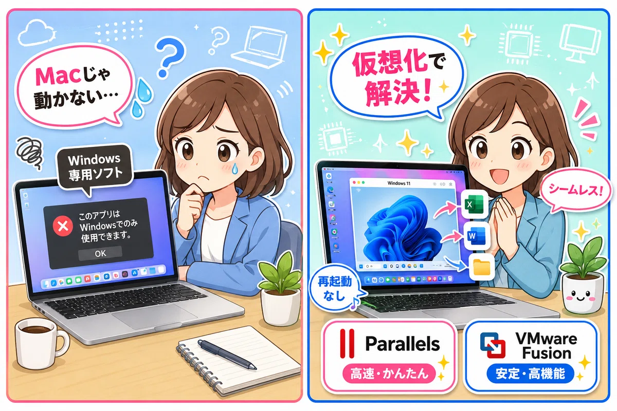【2026年版】MacでWindowsソフトを動かす!最強仮想化アプリ比較|中古パソコン屋のナベキンファクトリー