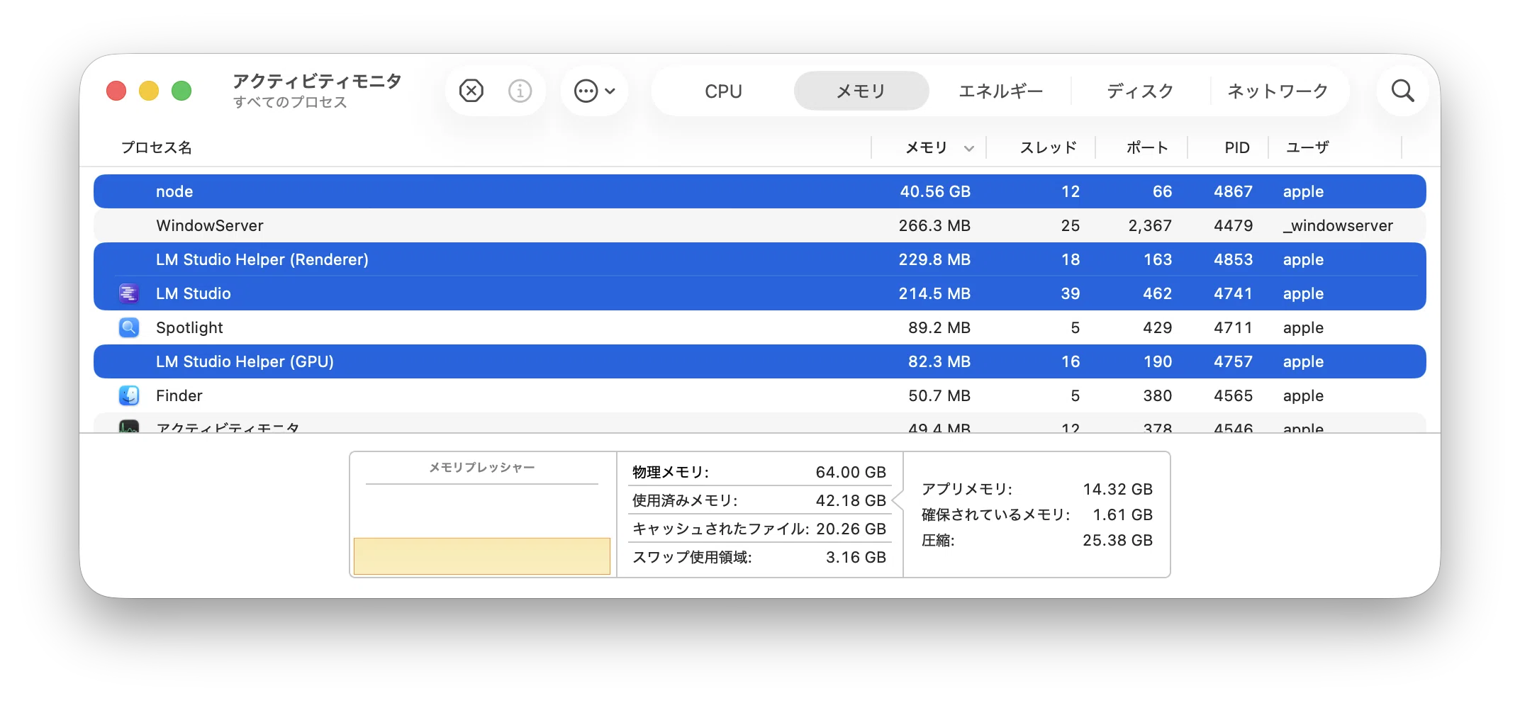 使用済みメモリ42GB、スワップ3GB