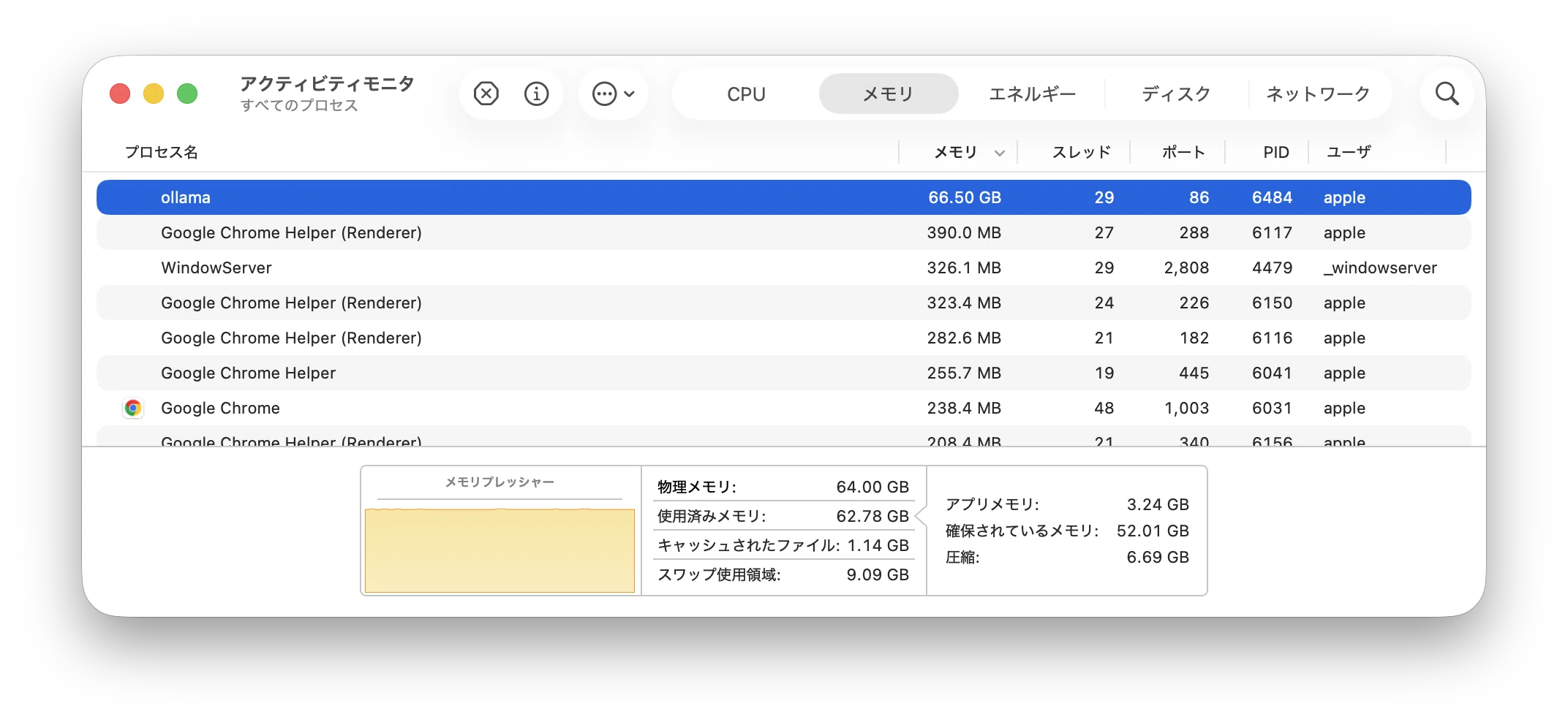 使用済みメモリ62GB、スワップ9GB