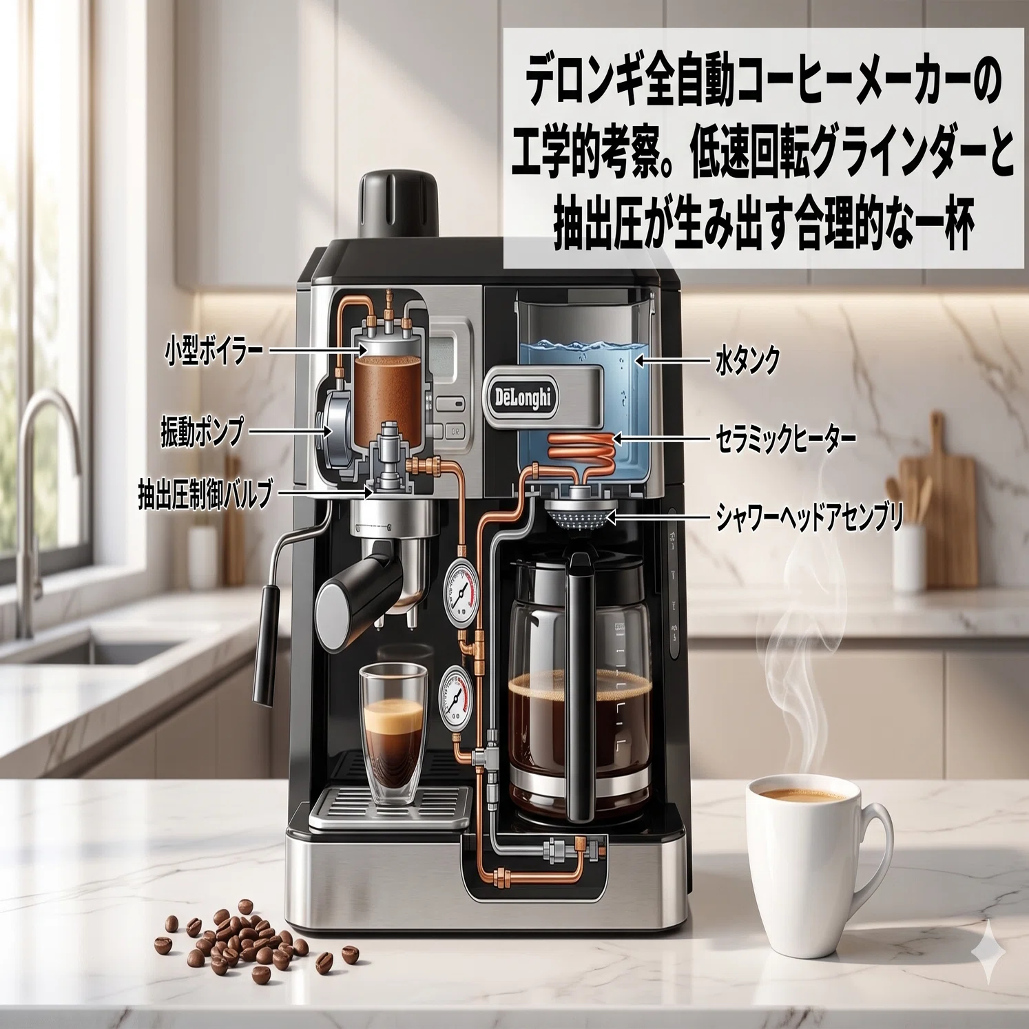 デロンギ全自動コーヒーメーカーの工学的考察。低速回転グラインダーと