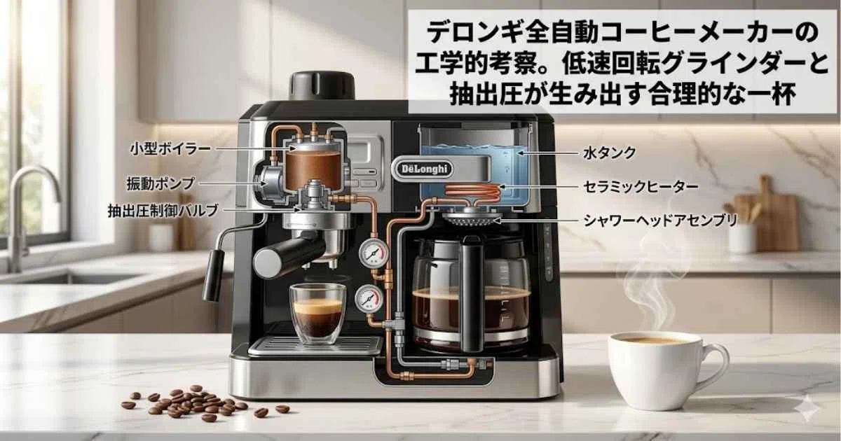 デロンギ全自動コーヒーメーカーの工学的考察。低速回転グラインダーと