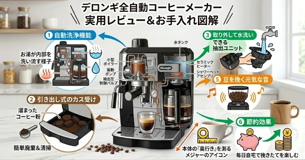 デロンギ全自動コーヒーメーカーの工学的考察。低速回転グラインダーと