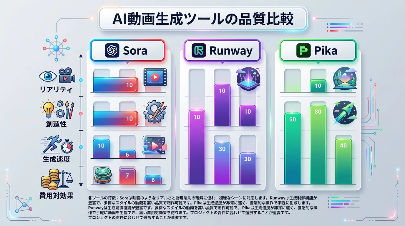 AI動画生成ツール比較2026年版｜Sora・Runway・Pikaの出力品質を徹底