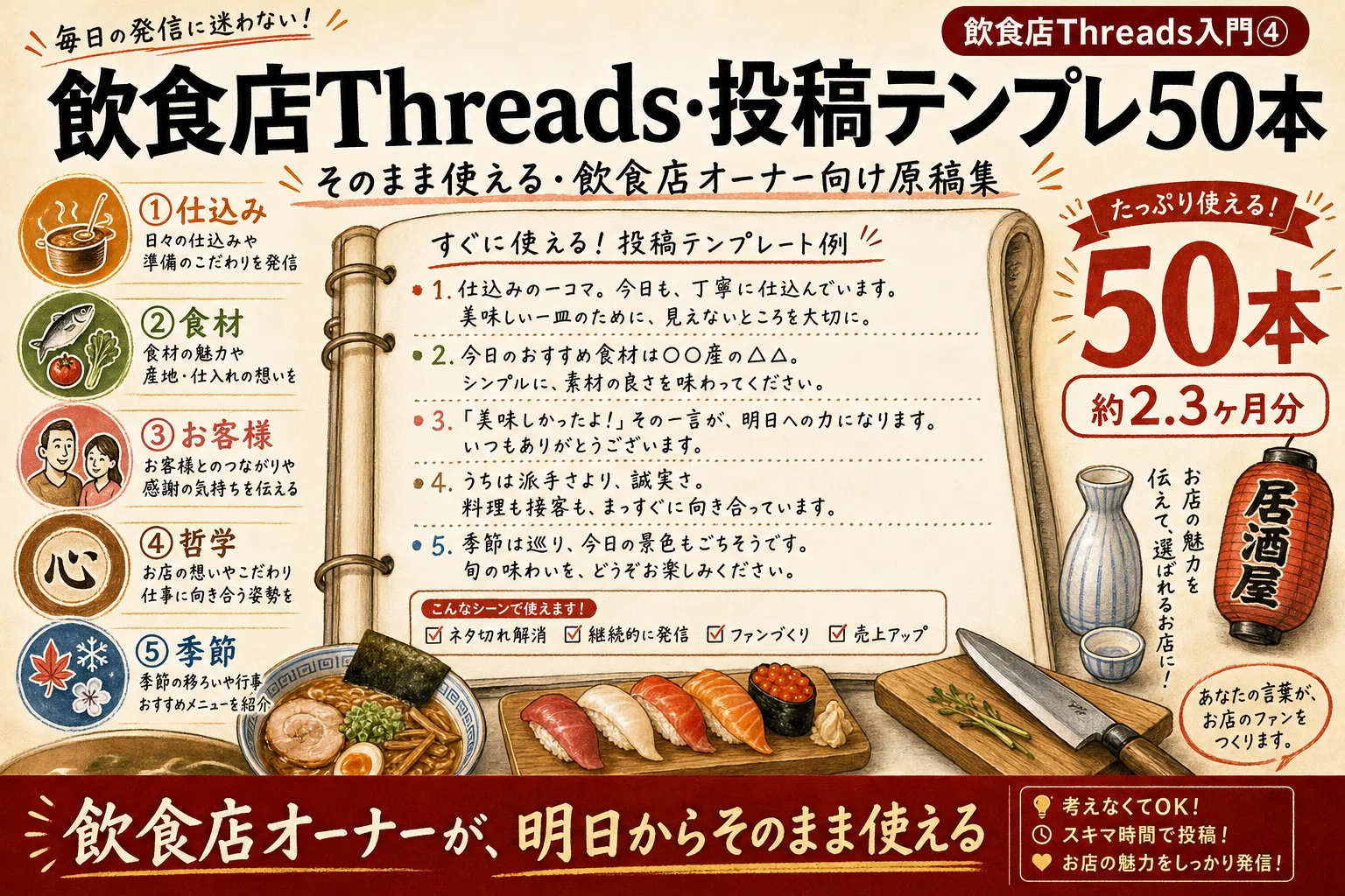 飲食店Threads入門④】投稿テンプレ50本／そのまま使える・飲食店の