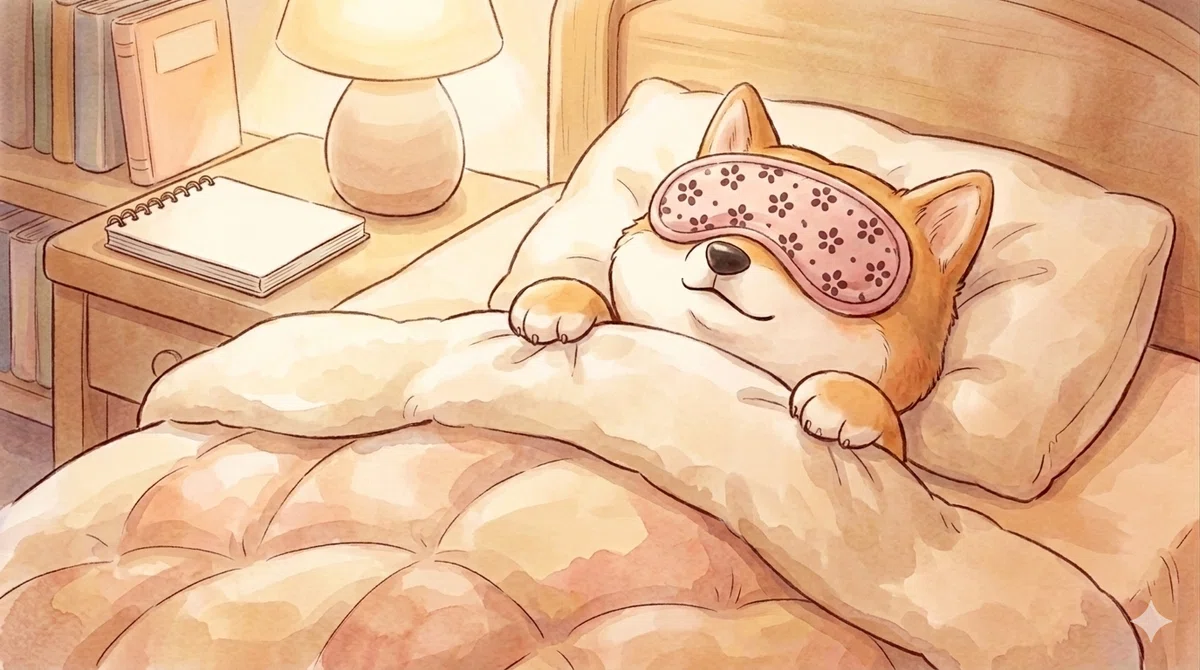 ホットアイマスクをして寝る柴犬の画像