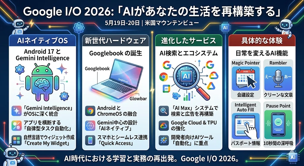 Google I/O 2026 速報】Chromebookが「Googlebook」へ進化！AI時代