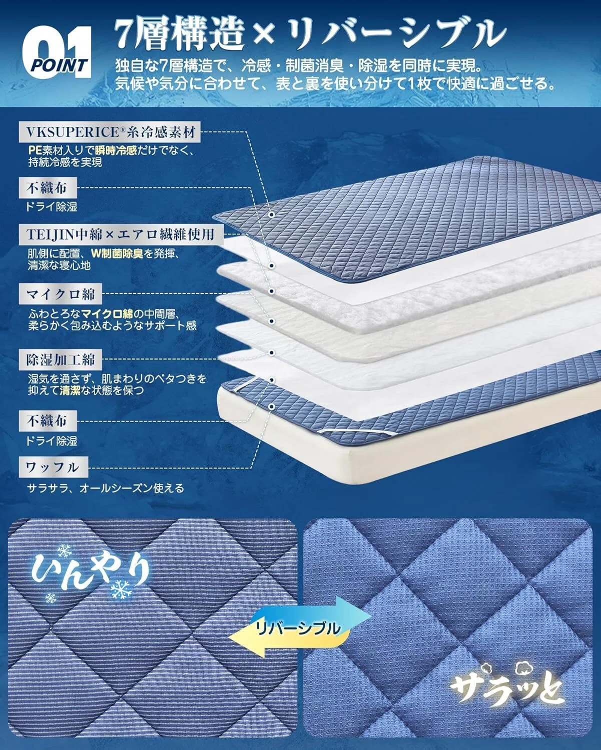 Invel リチャージプラス敷きパッド　シングルサイズ　ブルー 最強レビュー】VK Living 敷きパッド 夏用 シングル リバーシブル