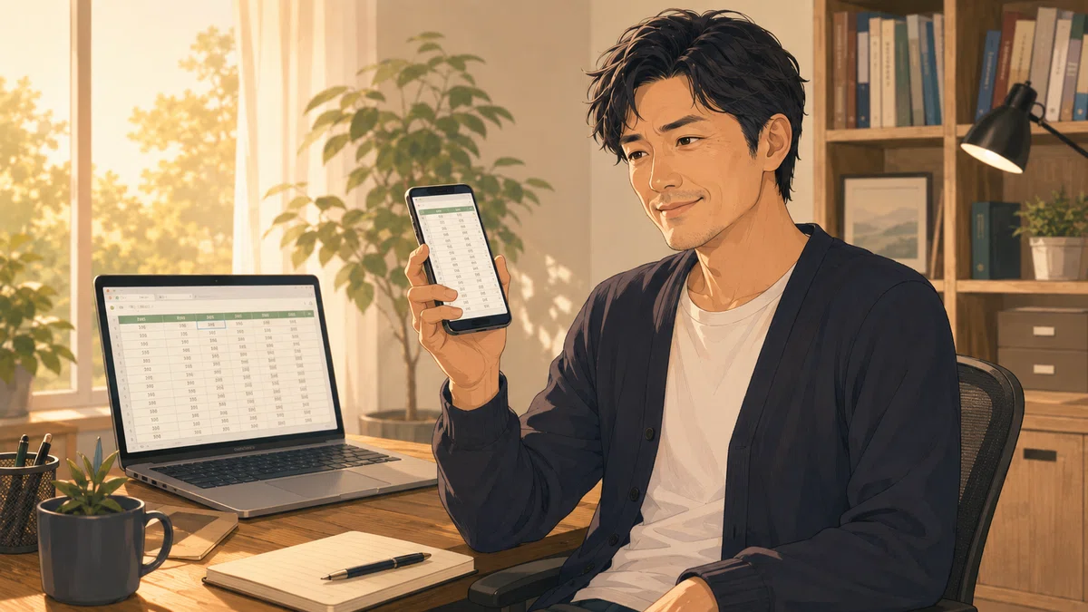 スマホで銘柄一覧を確認する笑顔の 40 代男性