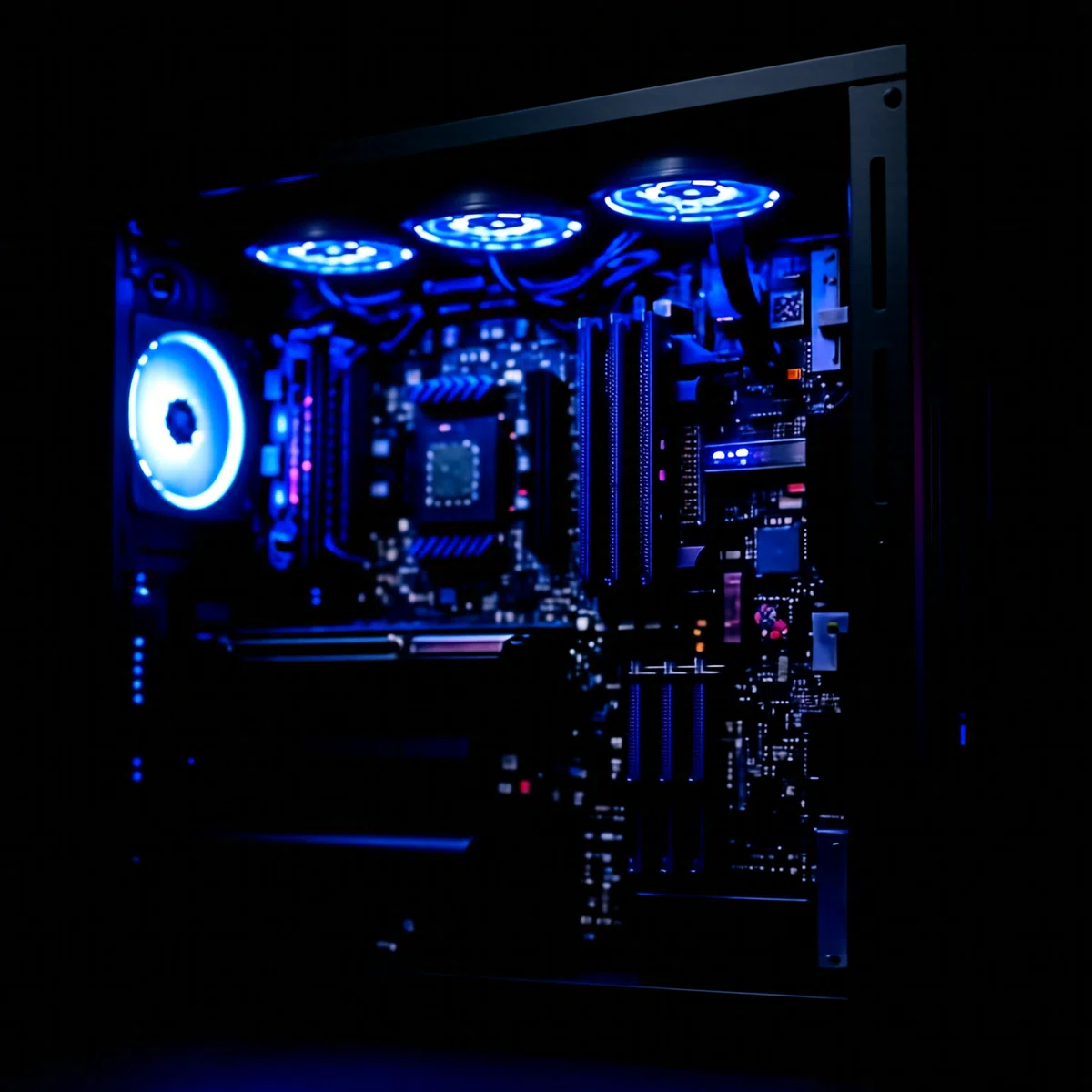LEDでライトアップされたカラフルな PC 内部の様子