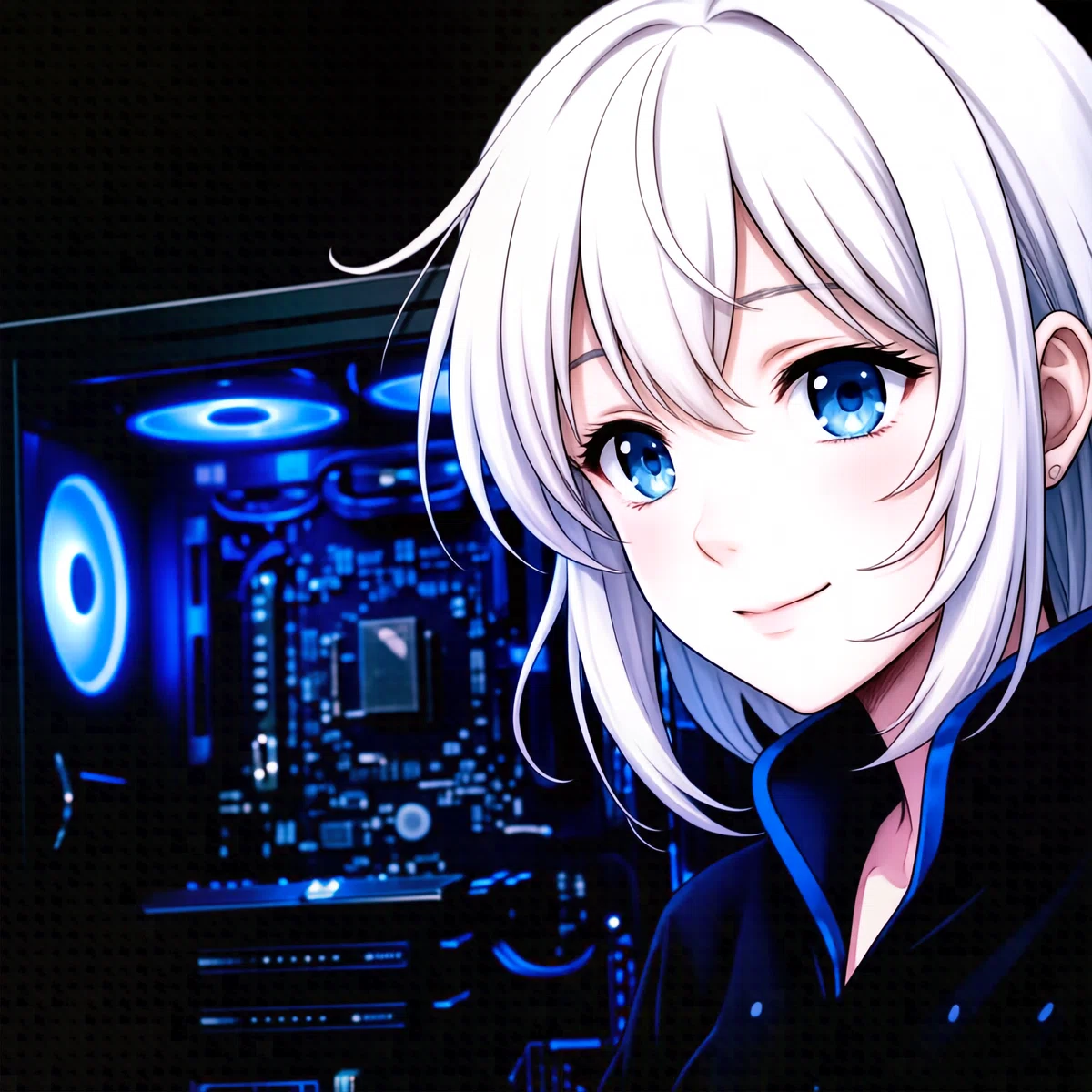 銀髪の女の子がLEDがカラフルなPCの前で微笑んでいるアニメイラスト