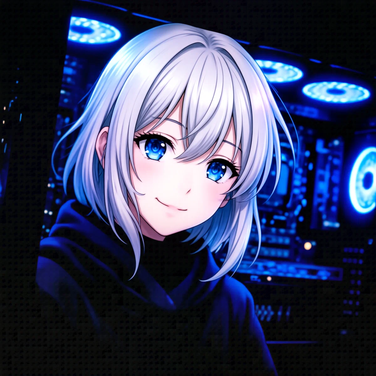 銀髪の女の子がLEDがカラフルなPCをバックに微笑んでいるアニメイラスト