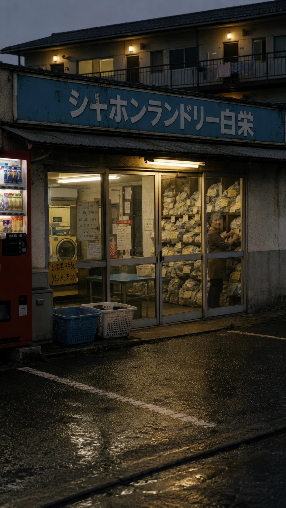 夕方の古いコインランドリーを外から撮影した写真。青い看板の下、ガラス越しの店内右側で、年配の女性が大量の衣類袋の前に立ち、札を整理している。左奥には古い洗濯機が少し見え、背後には白栄ハイツが建っている。地方都市の生活記録写真のような雰囲気。