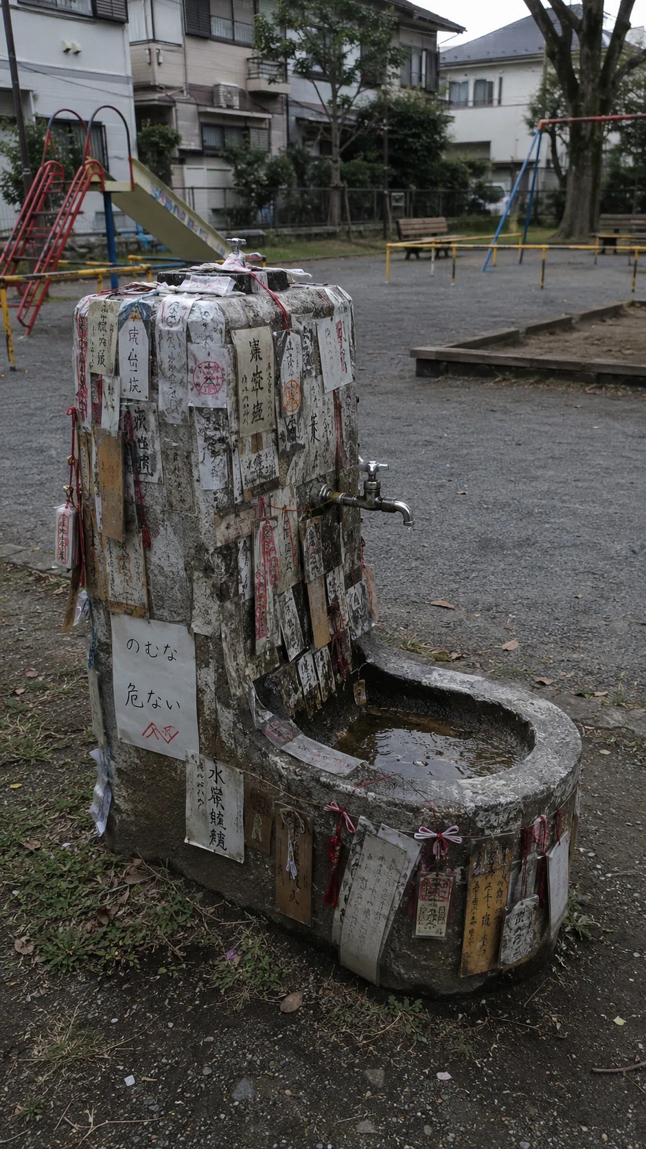 住宅地の児童公園にある古い水飲み場を撮影した写真。水飲み場の柱や受け皿の周囲には、御札、墨書きの紙片、赤い紐、ラミネートされた札、手書きの注意紙が多数貼られている。背景には滑り台、ブランコ、砂場、住宅が見え、受け皿には浅い水たまりが残っている。