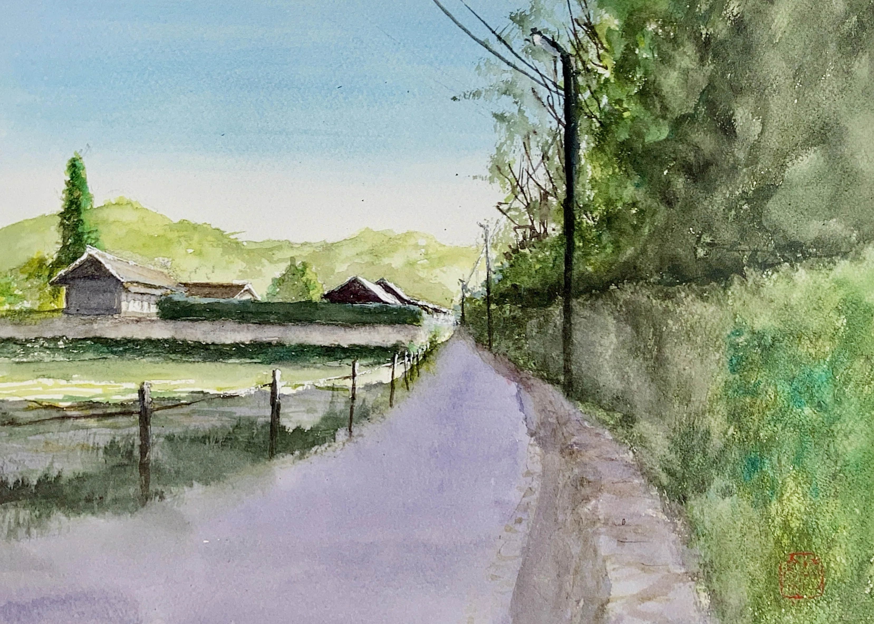水彩画170】道のある風景：ぶらぶら散策｜tatatotoya