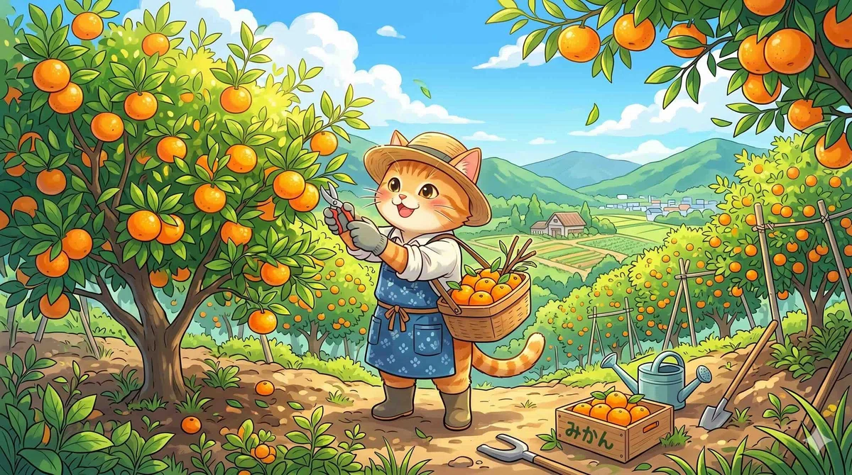畑でみかんを育てるネコ