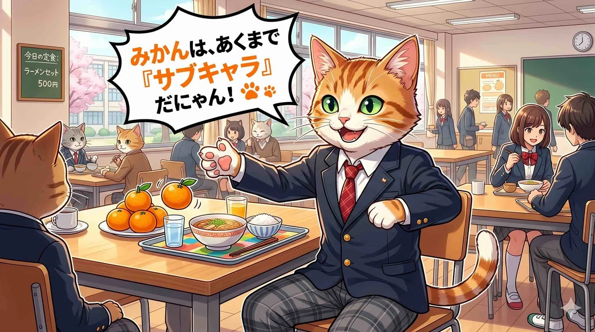 みかんはあくまでサブキャラだと話すネコ