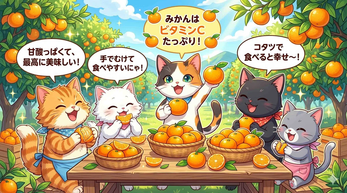 みかんの良さを語るネコたち