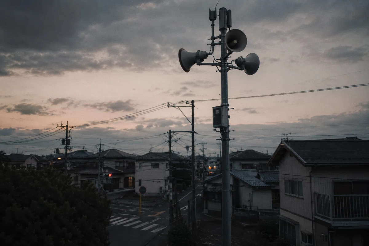 曇った夕方の住宅地を撮影した写真。交差点脇の電柱上に防災行政無線のスピーカーが設置されており、周囲には低い住宅、電線、街路が広がっている。定時放送の時間帯を記録した事務的な一枚に見える。