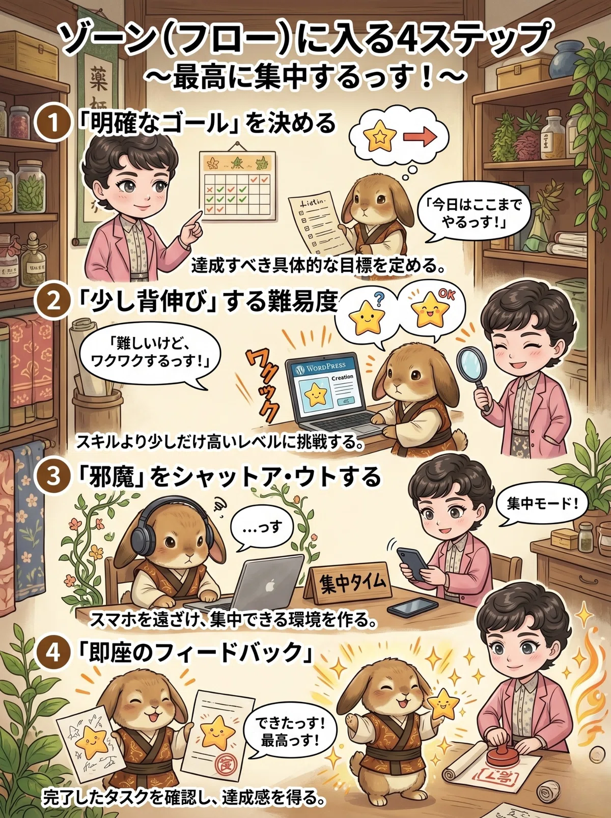 ゾーン(フロー状態)に入るための4つのステップ(1.明確なゴールを決める、2.少し背伸びする難易度、3.邪魔をシャットアウトする、4.即座のフィードバック)を、キャラクターのさきことうさぎのはしぞうが解説しているインフォグラフィック。