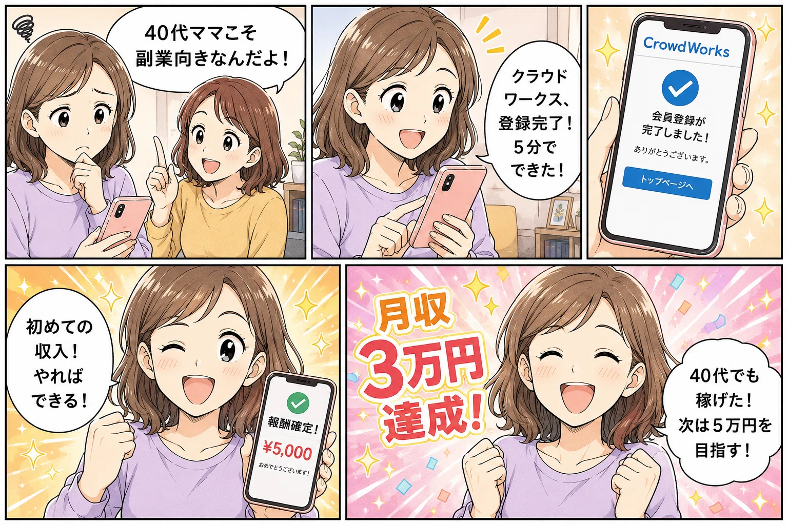 漫画で解説】40代ママでも月3万円稼げる！副業で収入源を作る5ステップ