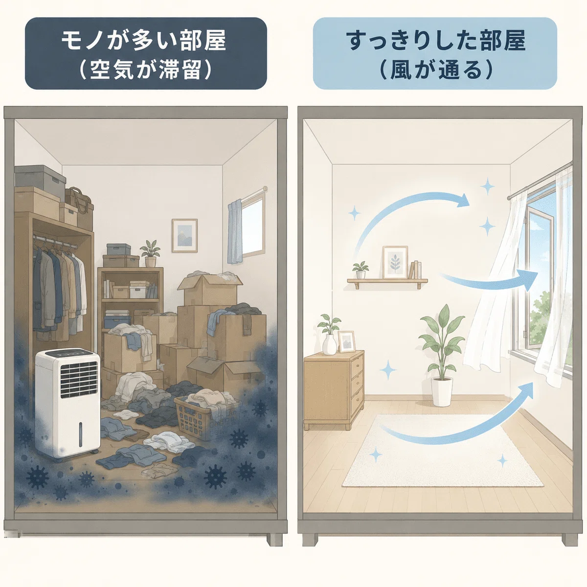 モノが多く湿気がこもる部屋と、風通しの良いミニマルな部屋を比較したイラスト。左は衣類や段ボールが散乱し除湿機とカビを表現、右は整理整頓された空間に自然換気の風が流れる様子を解説。