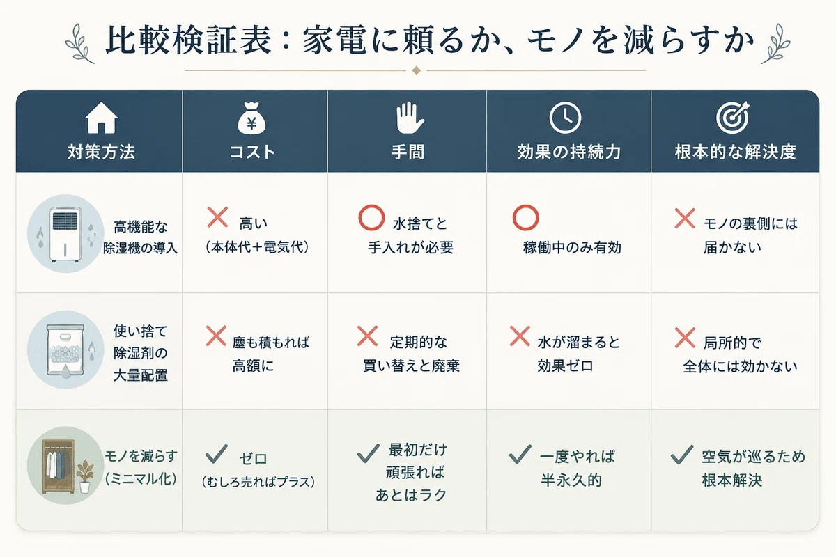 除湿機・使い捨て除湿剤・モノを減らすミニマル化を比較した日本語の表。コスト、手間、効果の持続力、根本的な解決度を一覧化し、モノを減らす方法が湿気・カビ対策として最も効果的であることを示した比較検証図。