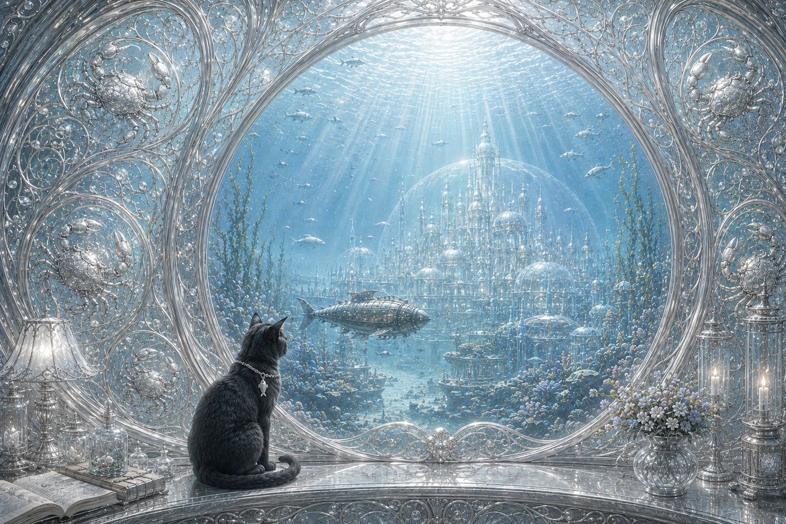 窓から見えるオサカナ 連作【黒猫が案内する摩訶不思議な世界】ChatGPT
