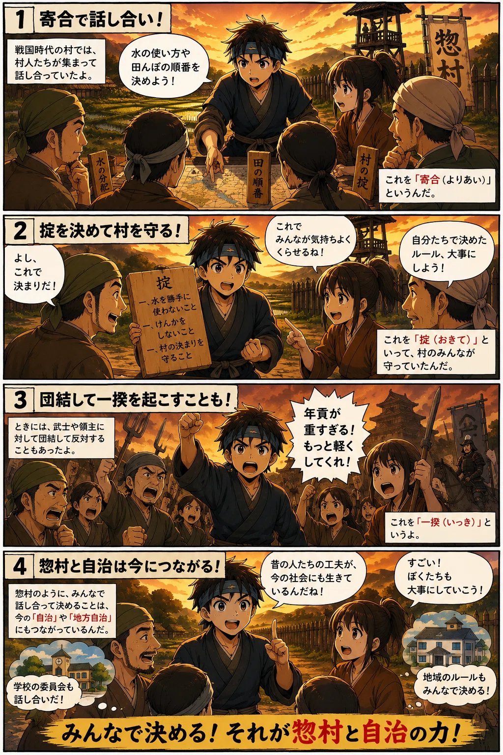 【社会・歴史】戦国時代の村は会議だらけ!?惣村と自治とは|中学入試・定期テストに役立つ一問一答【まとめシート+4コマ漫画付き】|中学入試、定期 ...