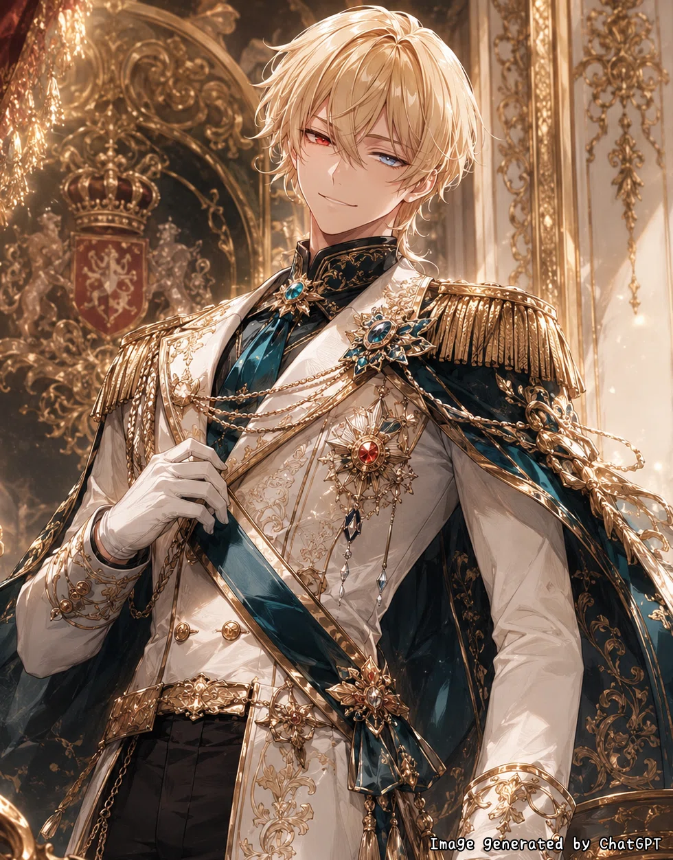 異世界ファンタジーの魔王のAI彼氏のイメージ画像:ロココ調風の軍装宝飾礼装に身を包む異世界の魔王