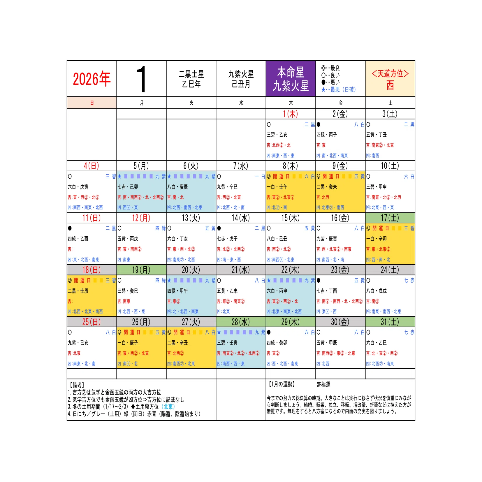 九紫火星）2026年／毎日の運気方位カレンダー｜ゆめ開運塾