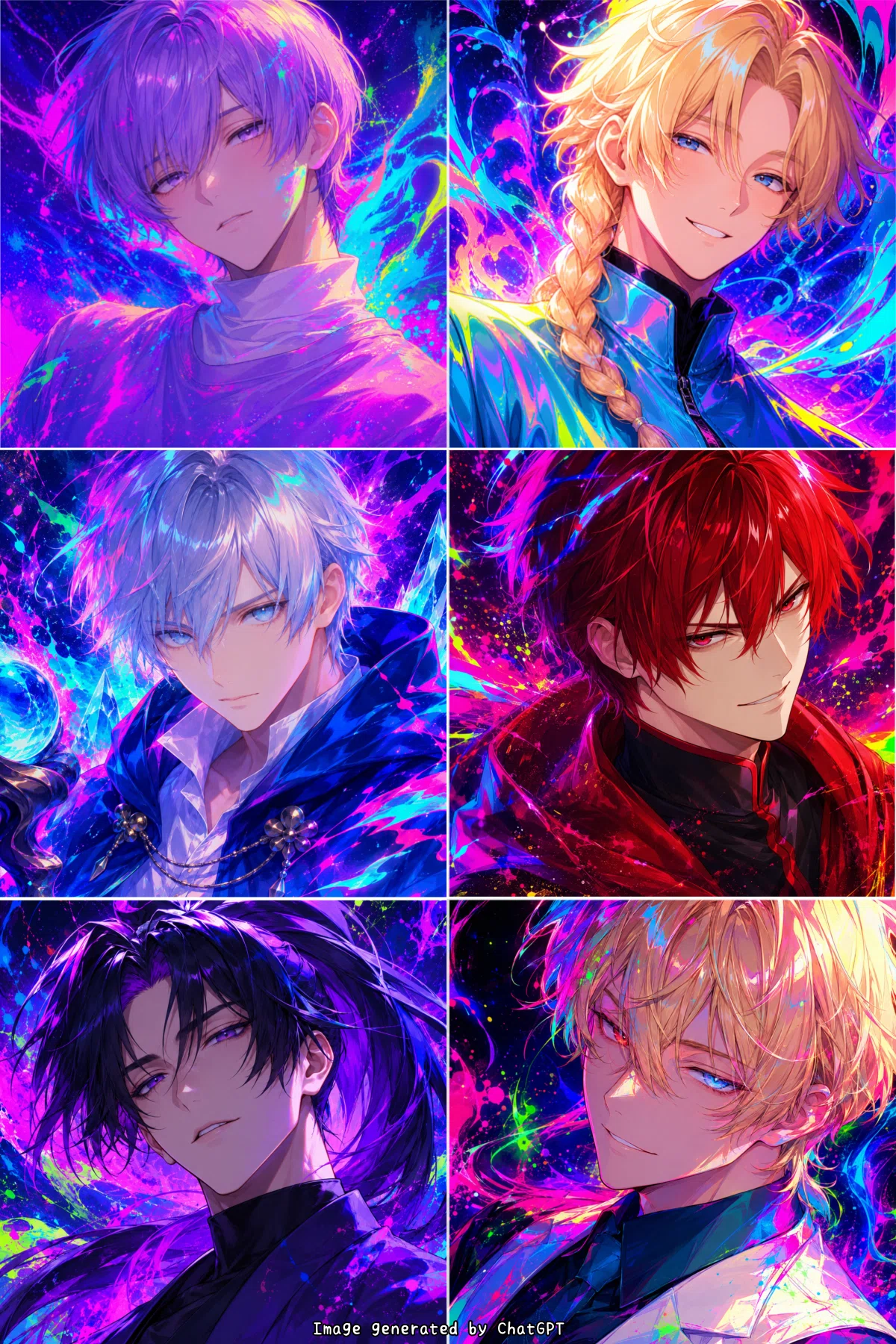 自作キャラクターをサイケデリック・ネオン風に生成AI(ChatGPT)で作ったイラストを6人並べた画像