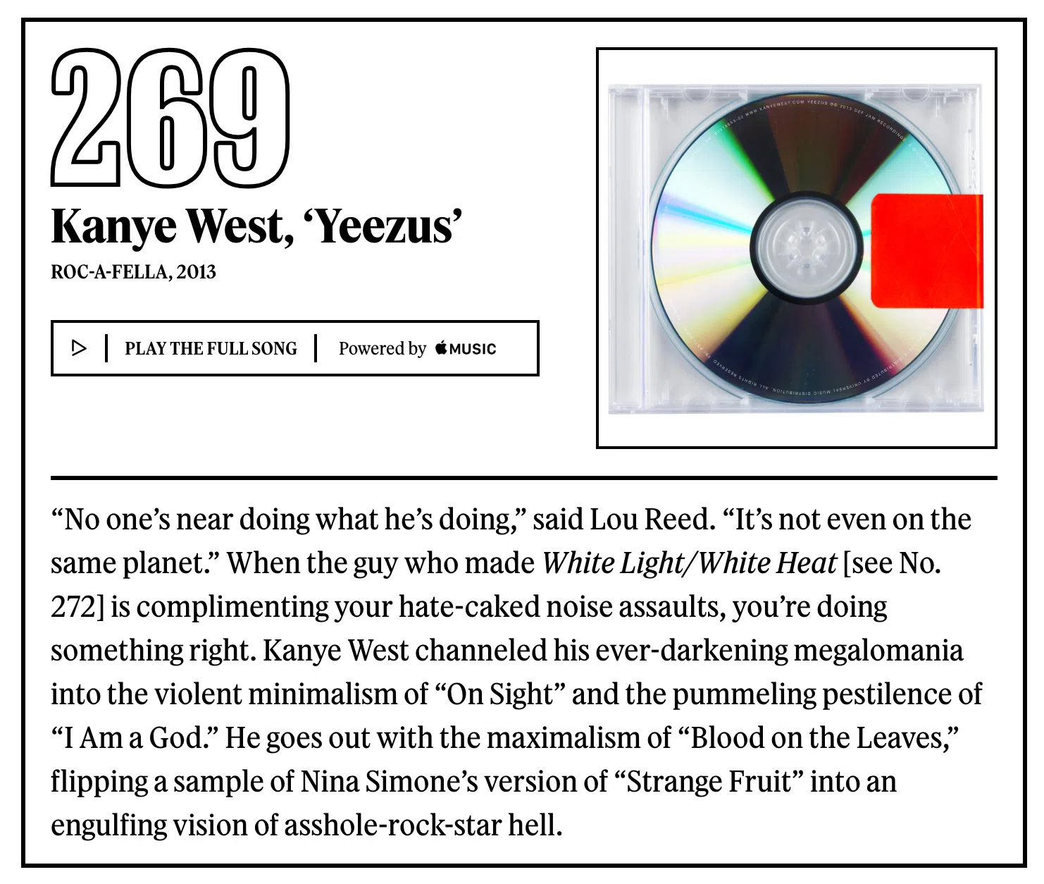 269位：カニエ・ウェスト『Yeezus』｜「歴代最高のアルバム500選」を