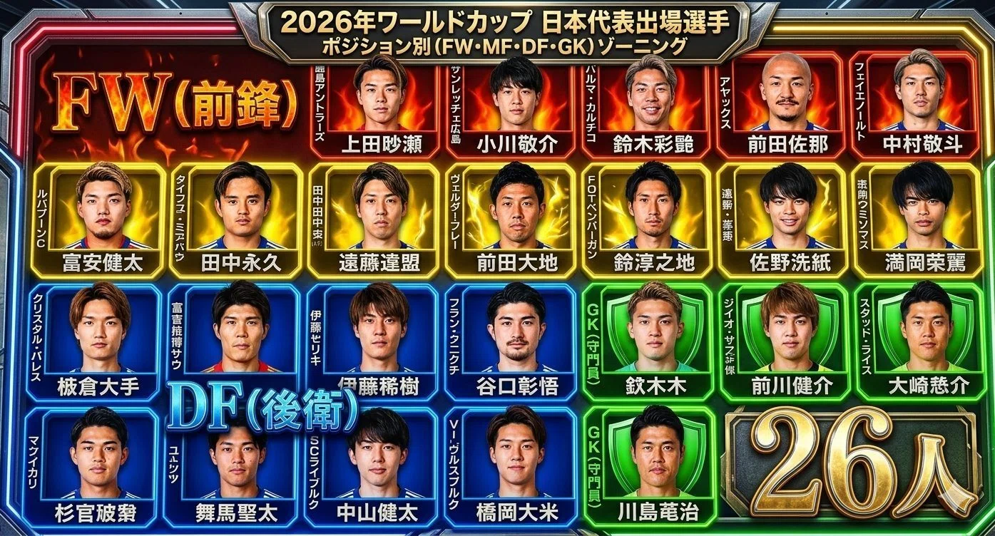 2026ワールドカップ日本代表選手 選抜26人のポジショニング