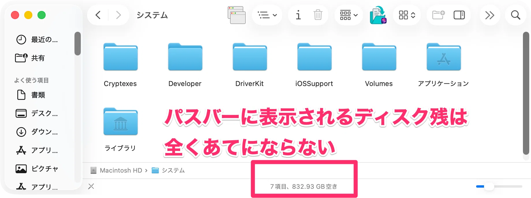 macOS26.5】Finder表示の不具合……（ディスク残の値が実際の残量より