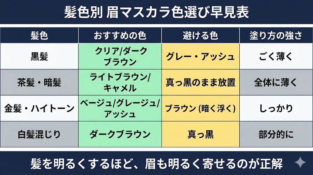 | 髪色 | おすすめの色 | 避ける色 | 塗り方の強さ ||---|---|---|---|| 黒髪 | クリア/ダークブラウン | グレー・アッシュ | ごく薄く || 茶髪・暗髪 | ライトブラウン/キャメル | 真っ黒のまま放置 | 全体に薄く || 金髪・ハイトーン | ベージュ/グレージュ/アッシュ | ブラウン(暗く浮く) | しっかり || 白髪混じり | ダークブラウン | 真っ黒 | 部分的に |