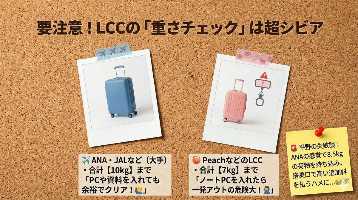 コルクボード風の背景にまとめられた、大手航空会社とLCCの機内持ち込み重量制限の比較図解。タイトルは「要注意！LCCの『重さチェック』は超シビア」。左側には「ANA・JALなど（大手）は合計10kgまで。PCや資料を入れても余裕でクリア」という説明と青いスーツケースの写真。右側には「PeachなどのLCCは合計7kgまで。ノートPCを入れたら一発アウトの危険大」という説明とピンクのスーツケース・重量計の写真。右下の黄色い付箋には「平野の失敗談：ANAの感覚で8.5kgの荷物を持ち込み、搭乗口で高い追加料金を払うハメに…」と書かれています。
