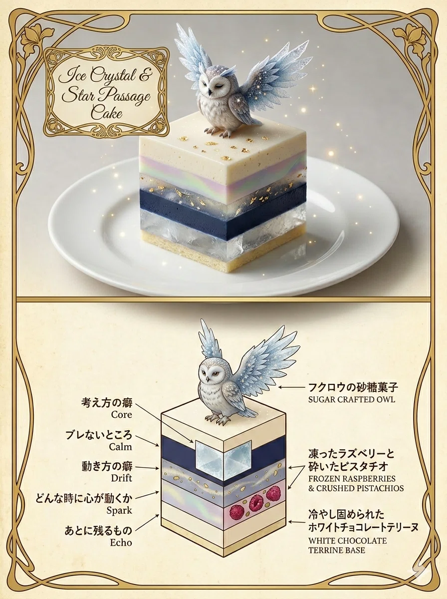 真作　オリジナル　デジタルアート　限定一点物　クリスタル　ケーキ　グラデーション 面白いかわからないけどプロンプト配布：あなたの心を重ねたケーキ