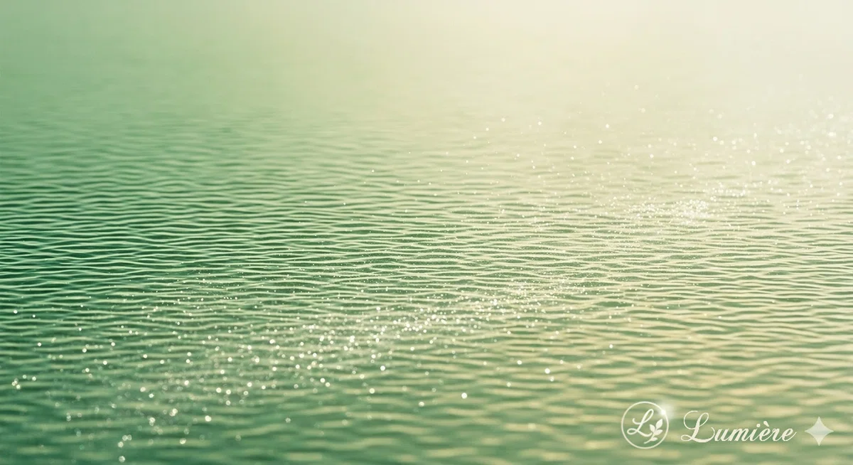 エメラルドグリーンの水面にさざ波が立ち、一筋の光がキラキラと反射しているAI生成画像。