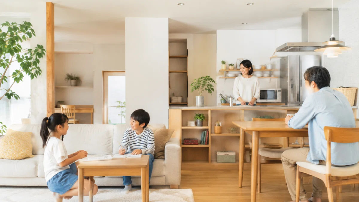 明るいリビングダイニングで家族が自然に顔を合わせ、子どもが会話しながら過ごせる子育て向きの間取り