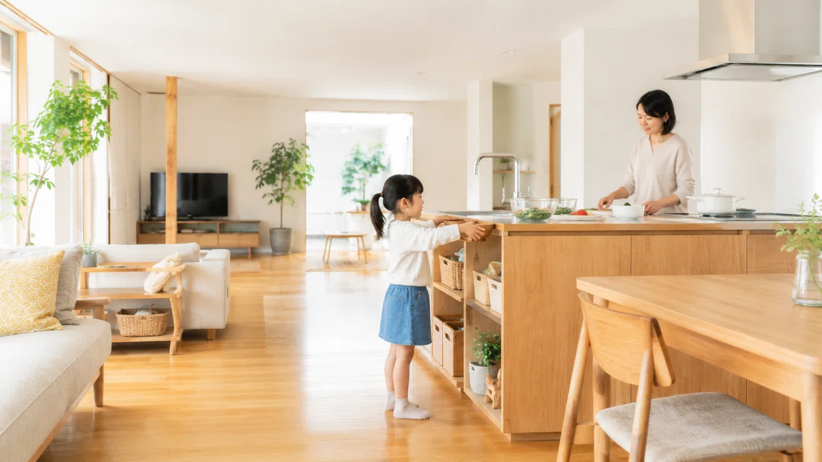 子どもがキッチンでお手伝いをしながら、自分で考えて行動する力を育てる明るい住まいのイメージ