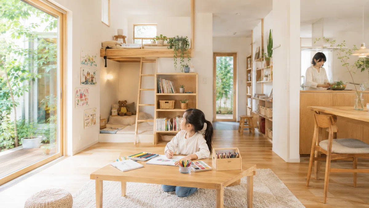 ロフトや本棚、作品を飾れる壁がある空間で、子どもの好奇心や創造力を育む住まいのイメージ