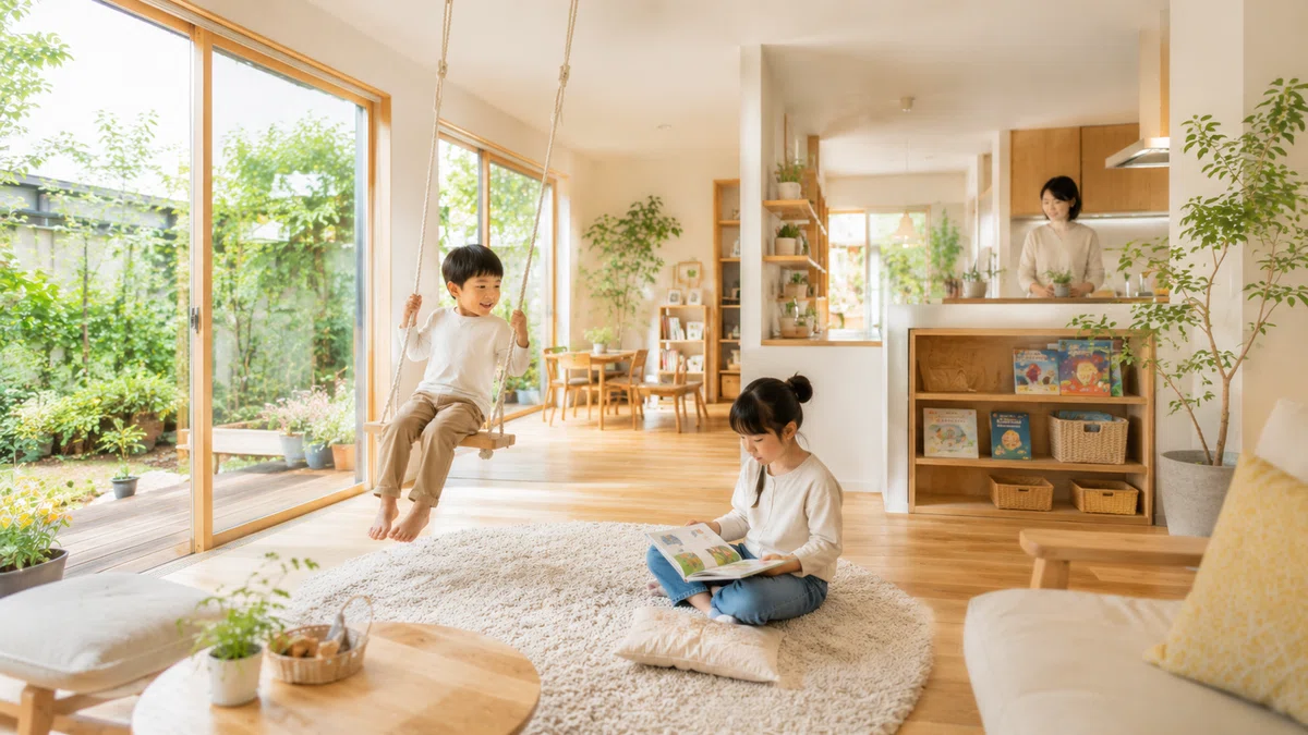 自然光が入るリビングで本を読んだり室内ブランコで遊んだりできる、心身の成長を支える間取り