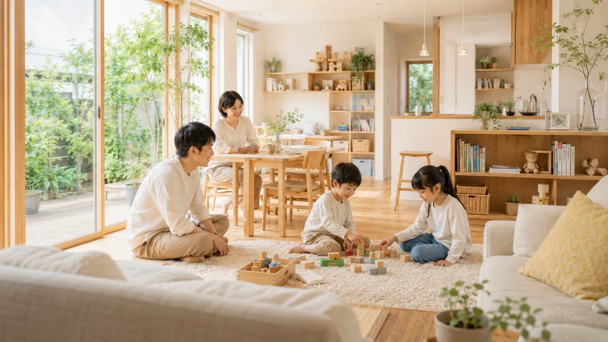 家族が明るいリビングに集まり、子どもが安心して遊べる子育て視点の住まい全体のイメージ