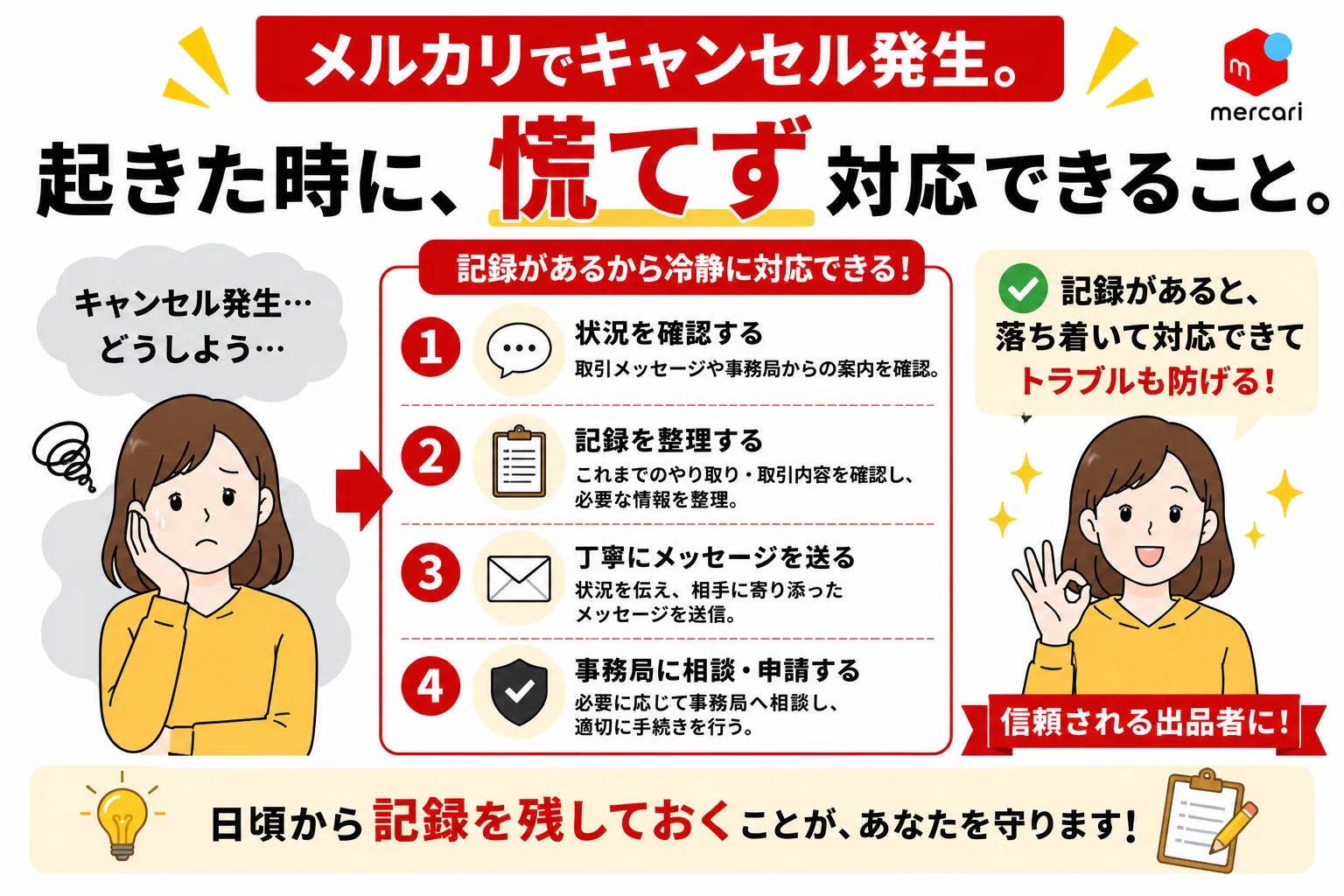 メルカリでキャンセル発生。焦らず使える会話テンプレ公開。｜メルカク 
