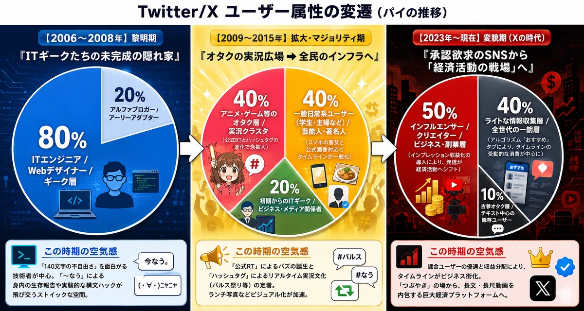 図解】TwitterからXへ：ユーザー属性の変化とシステム進化が起こした